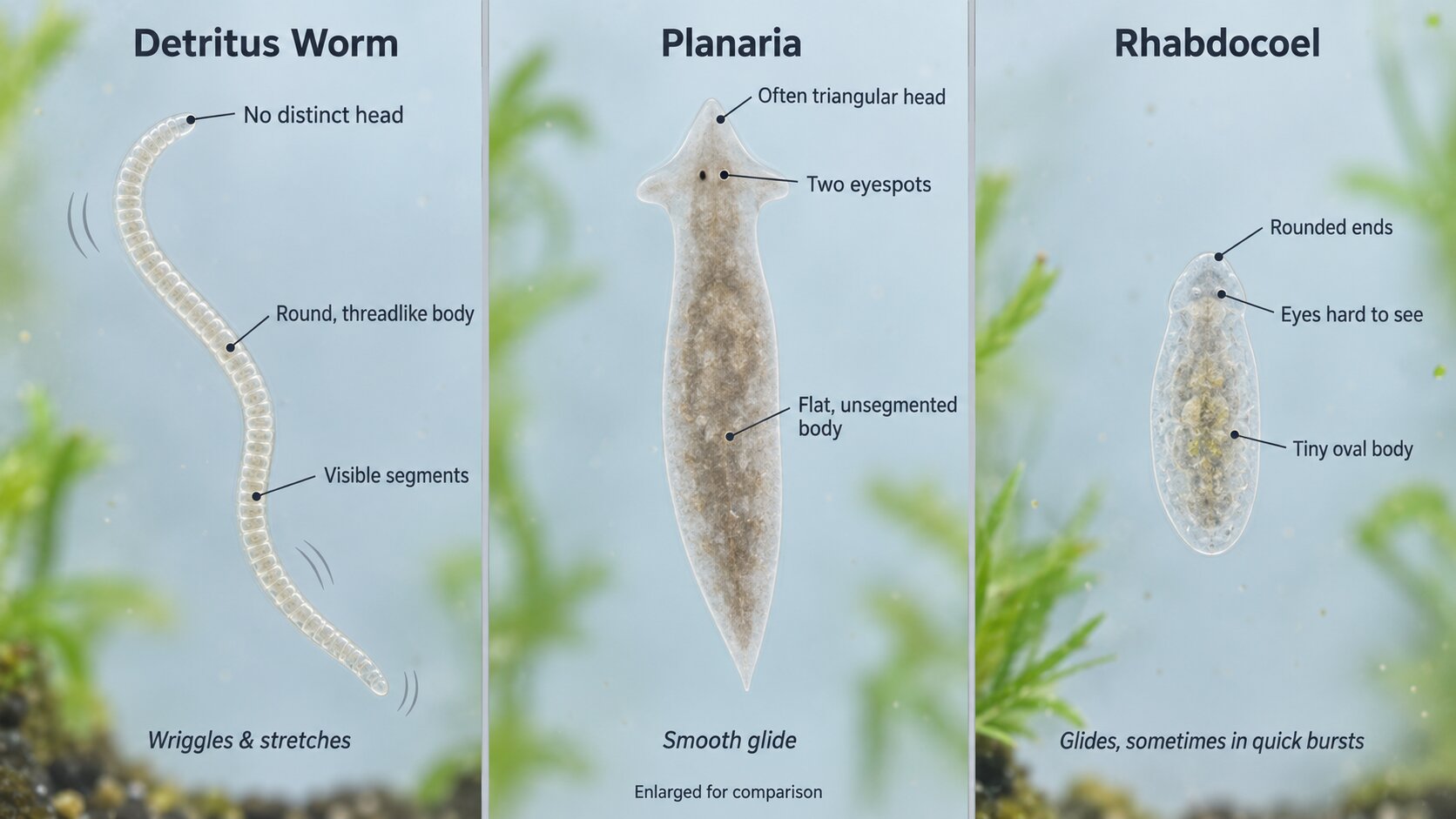 Side-by-side comparison of a round, segmented detritus worm, a flat planarian with a triangular head and two eyespots, and a tiny oval rhabdocoel flatworm with rounded ends