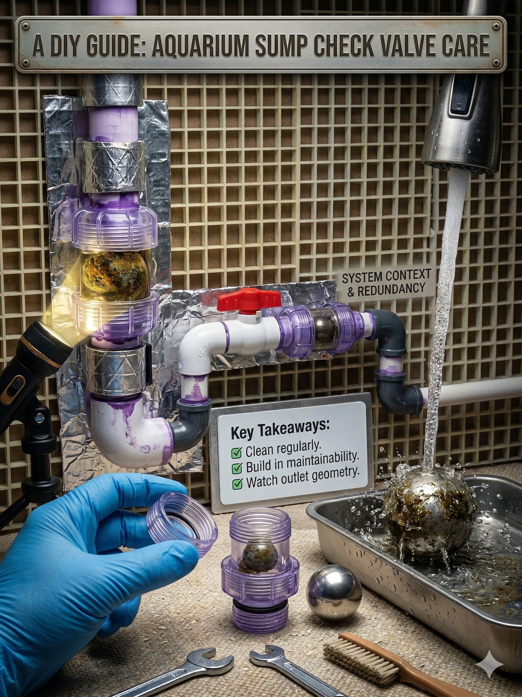 DIY aquarium sump setup with check valve and return line used in lessons learned guide