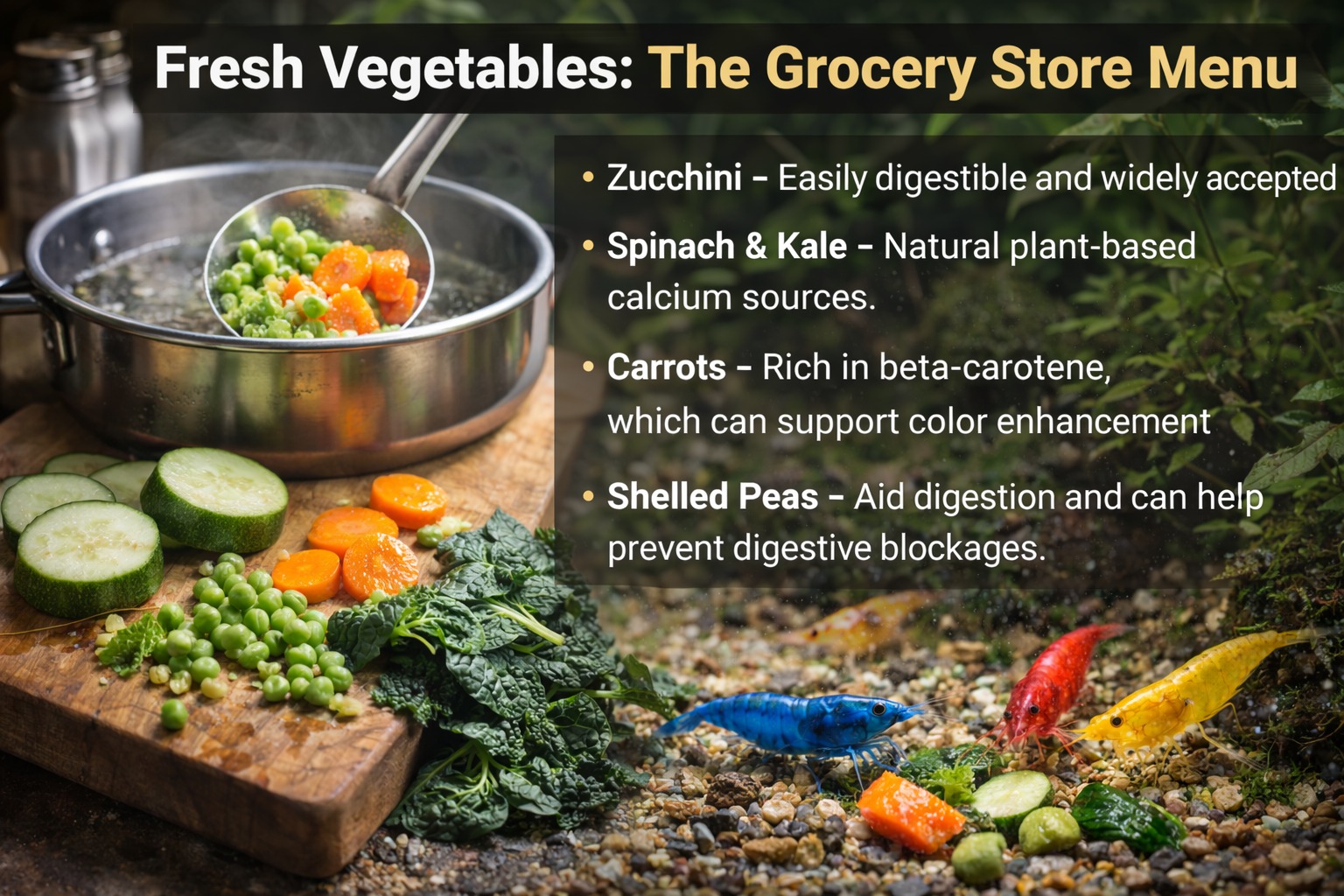 Prepared grocery store vegetables as fresh supplemental food for aquarium shrimp