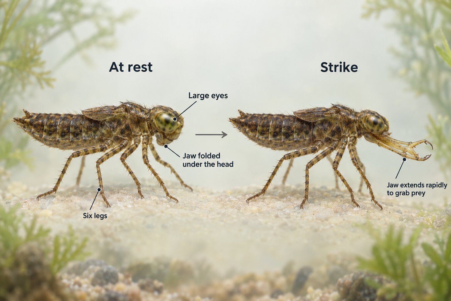 Side view of a dragonfly nymph showing its hinged lower jaw folded under the head and then extended forward