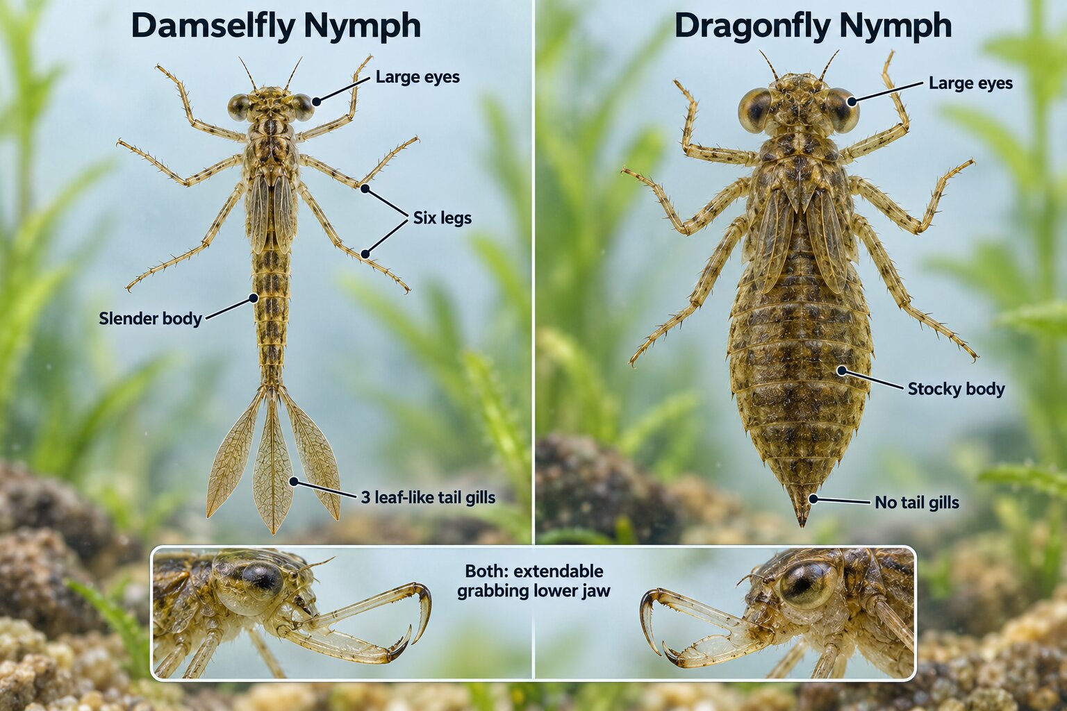 Top-down comparison of a slender damselfly nymph with three leaf-like tail gills and a stocky dragonfly nymph without tail gills