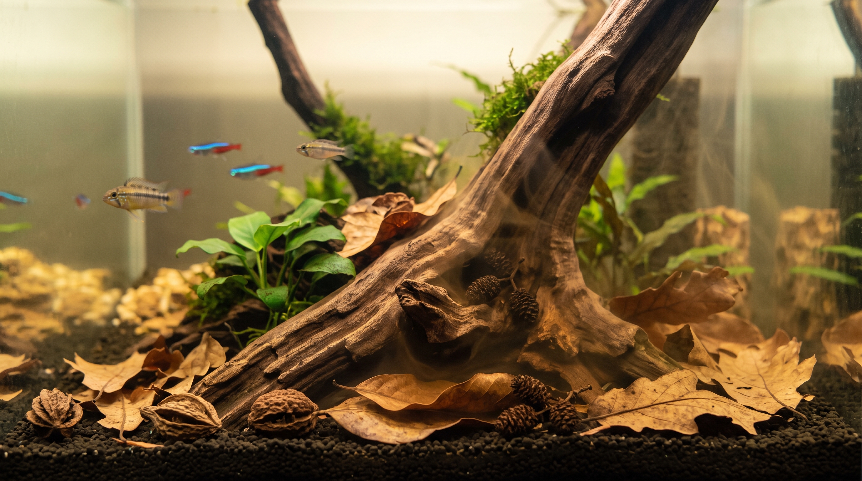 Driftwood and botanicals leaching tannins into aquarium water