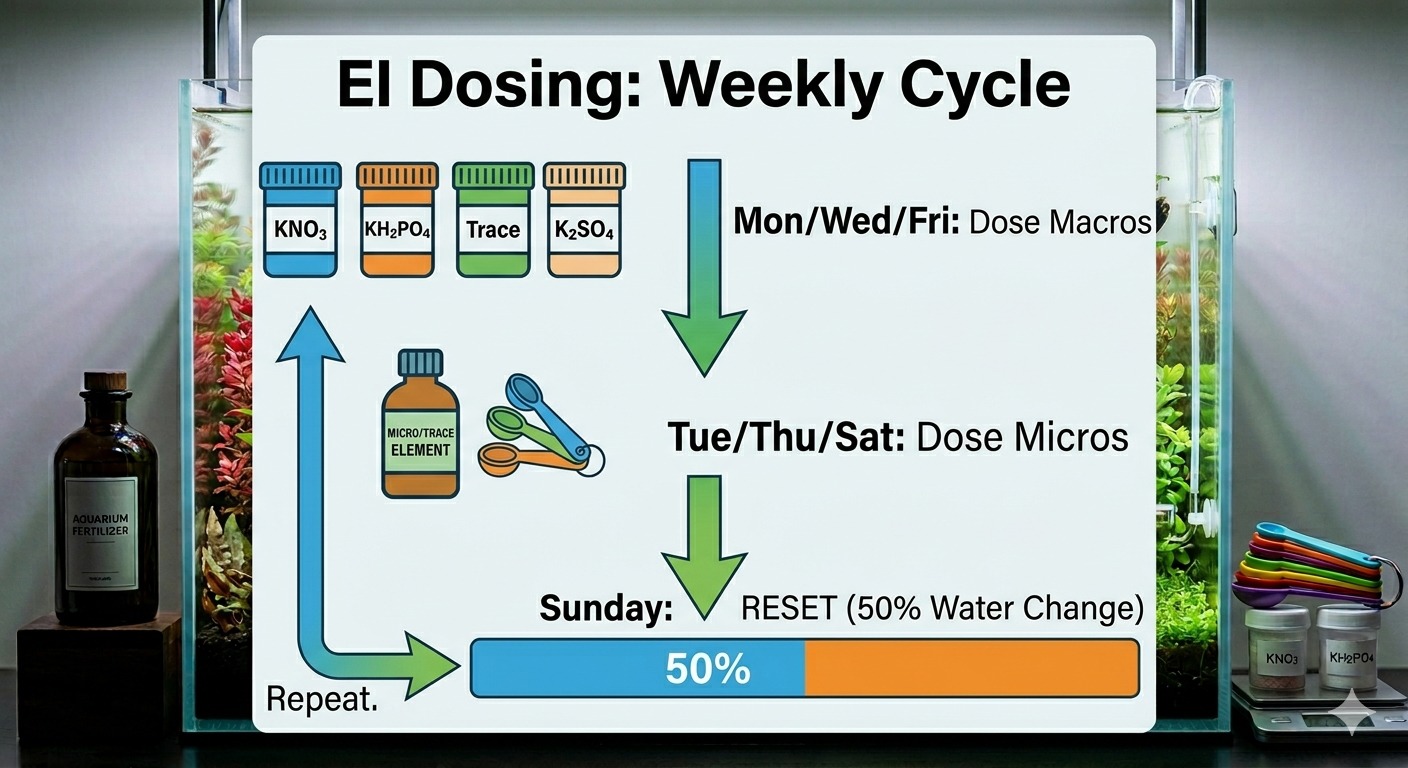 Weekly estimative index dosing cycle graph for planted aquariums