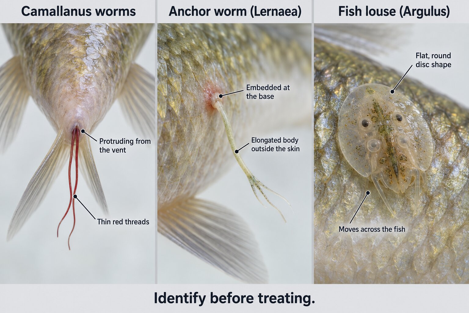 Three-panel comparison of Camallanus worms protruding from a fish vent, an embedded anchor worm, and a disc-shaped fish louse on a fish's flank