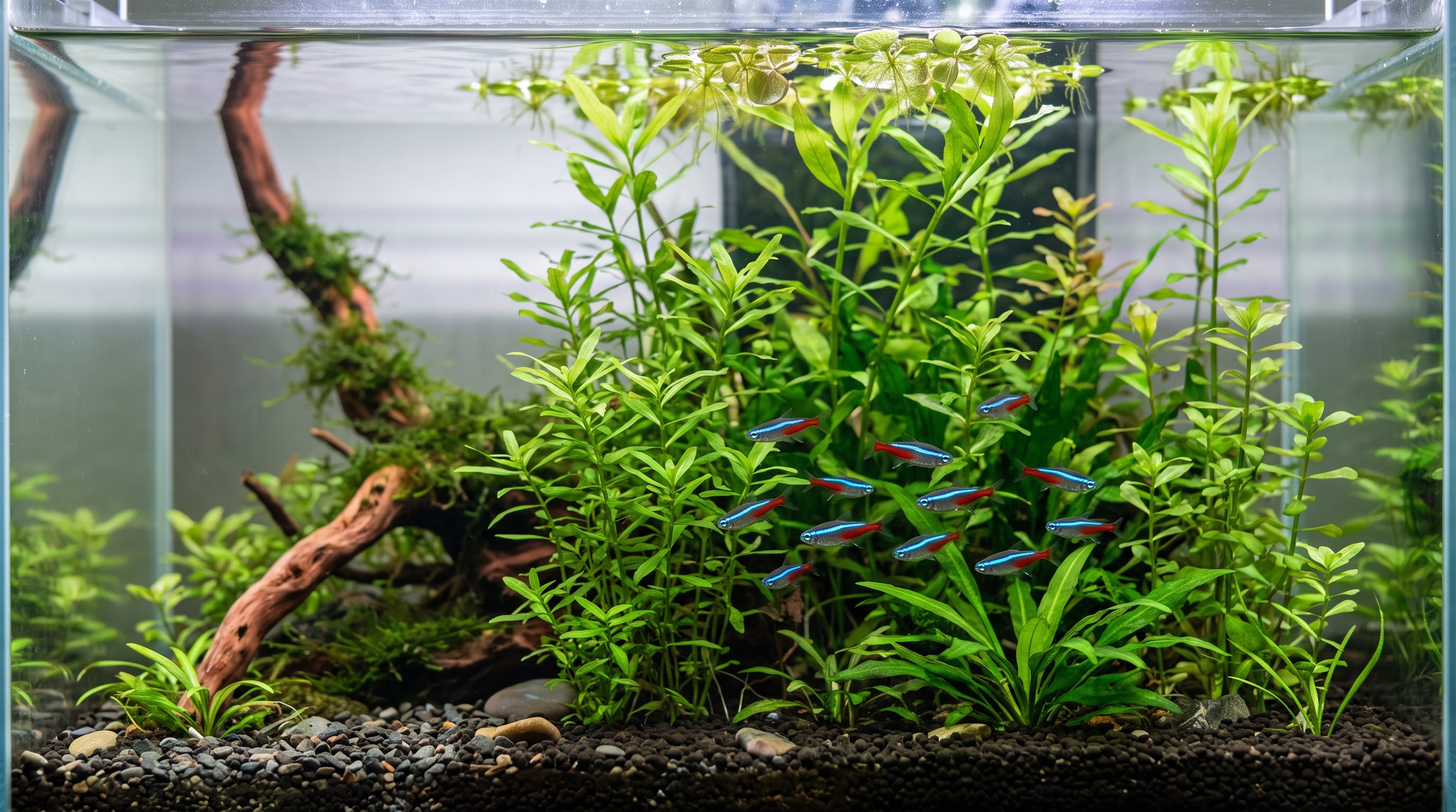 Floating aquarium plants competing with suspended algae