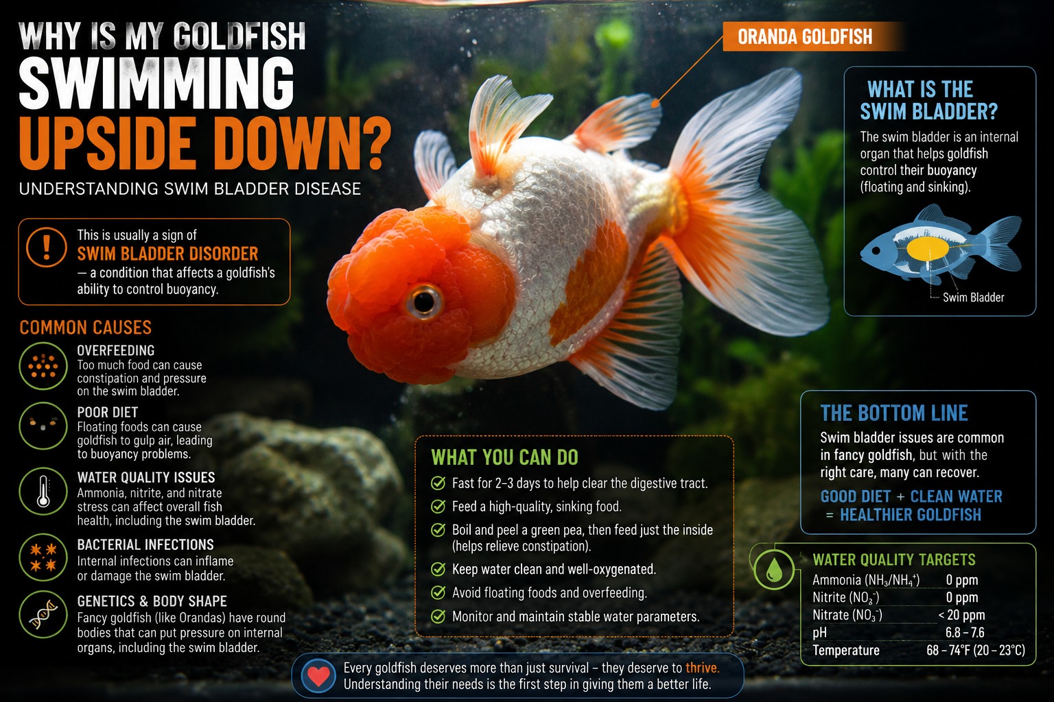 Oranda goldfish showing buoyancy trouble associated with swim bladder issues.
