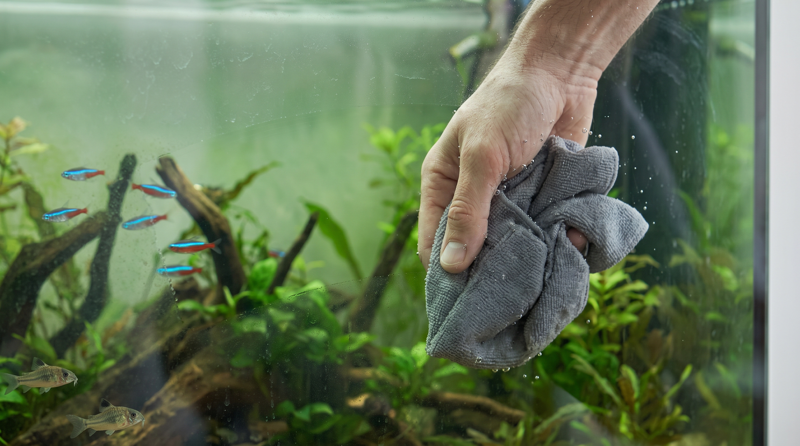 Glass wipe test distinguishing green water from algae on aquarium glass