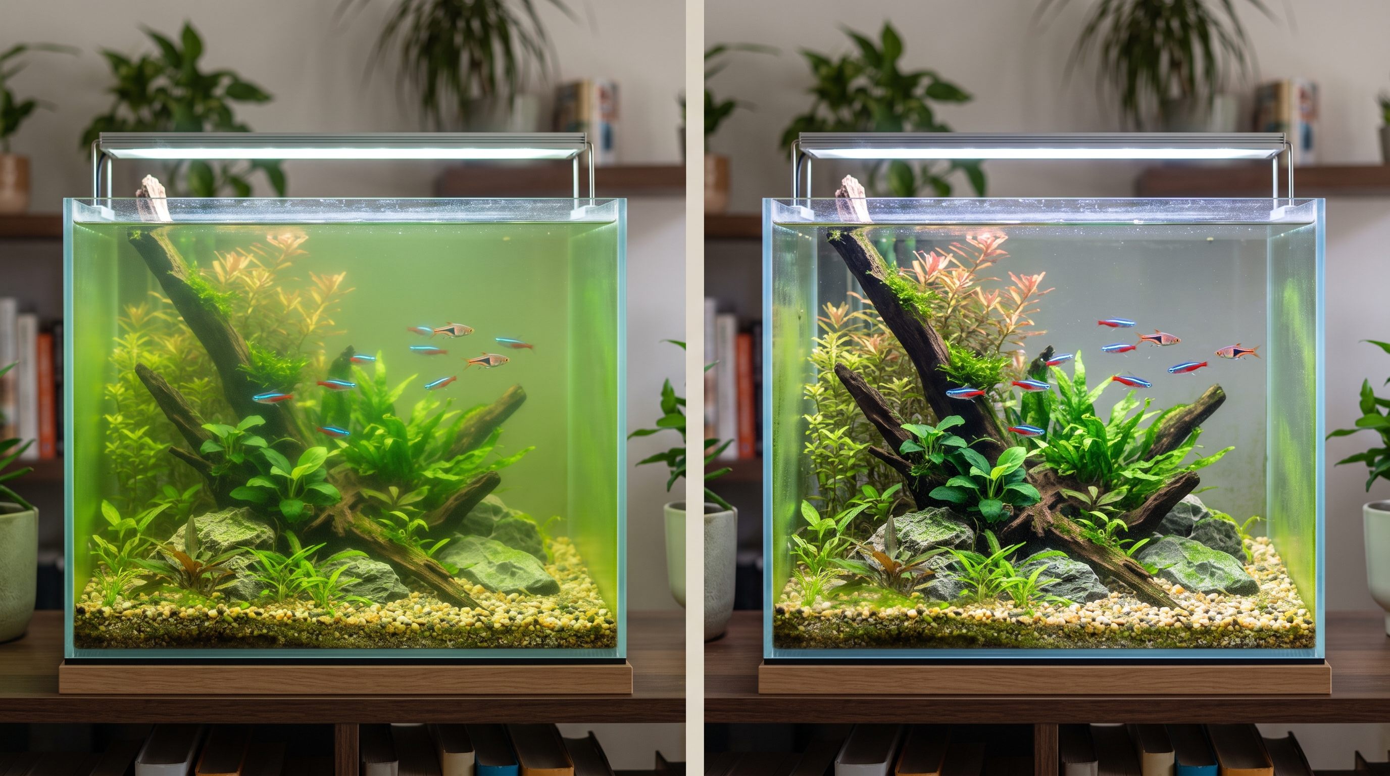 Green water compared with algae on aquarium glass