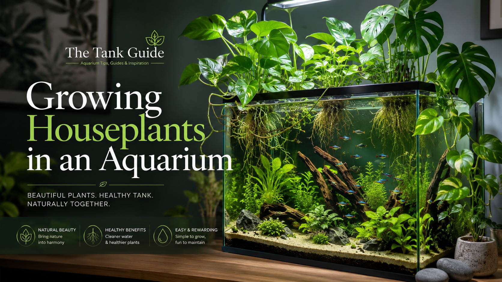 Houseplants growing above a freshwater aquarium with their roots in the water