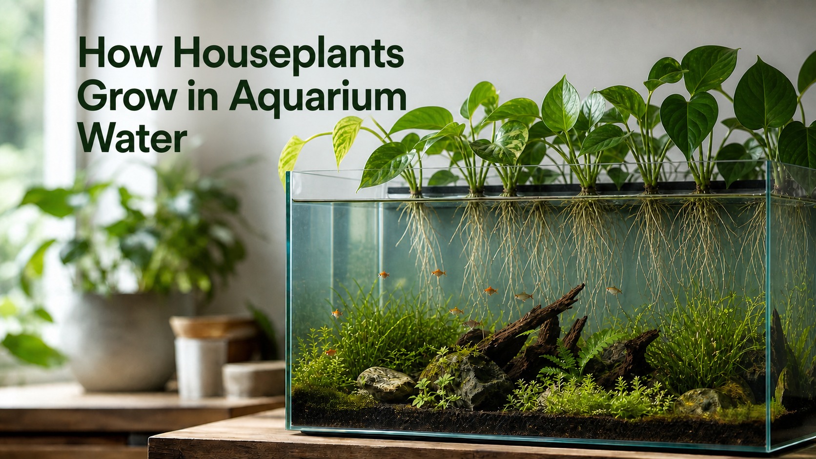 Houseplants growing above an aquarium with roots extending into the water