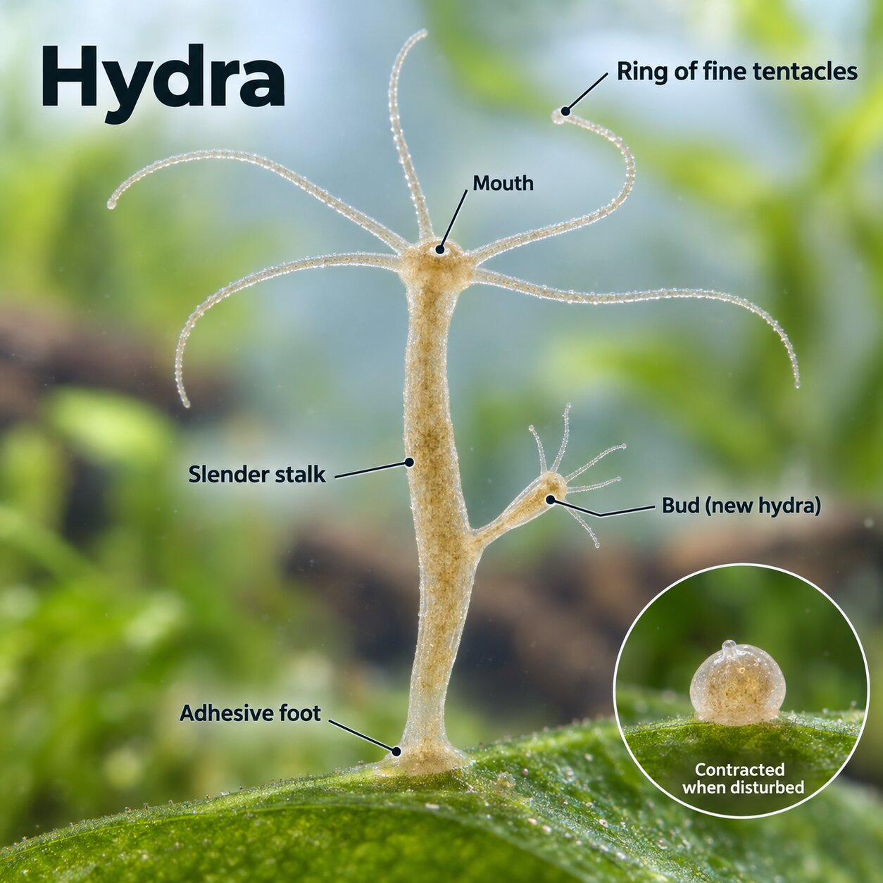 Annotated hydra attached to a plant leaf, showing tentacles, mouth, stalk, adhesive foot, and a bud, with an inset of the same hydra contracted