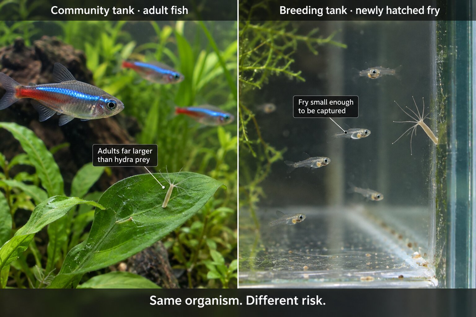 Split comparison showing hydra in a community aquarium with adult tetras alongside hydra in a breeding tank with newly hatched fry