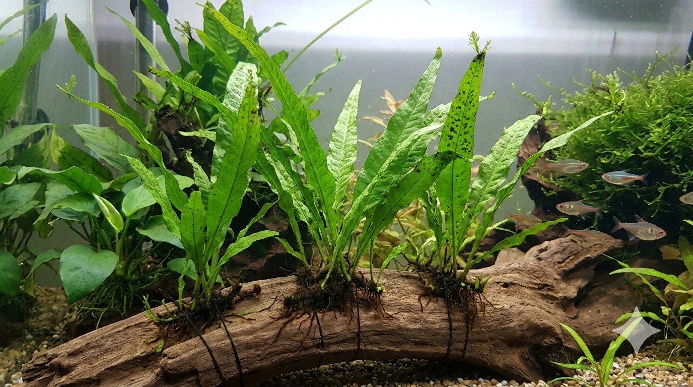 Java fern (Microsorum pteropus) growing in an aquascape