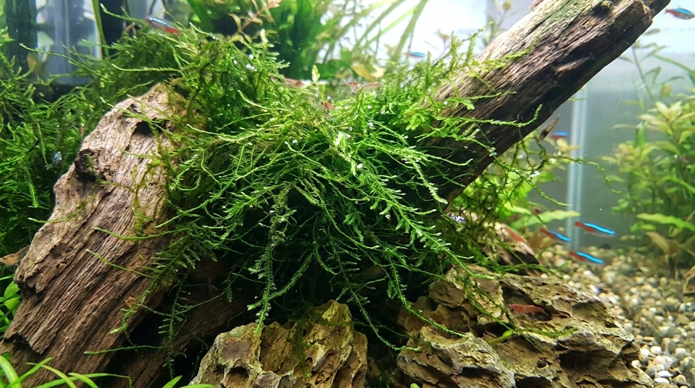 Java moss (Taxiphyllum barbieri) growing on hardscape