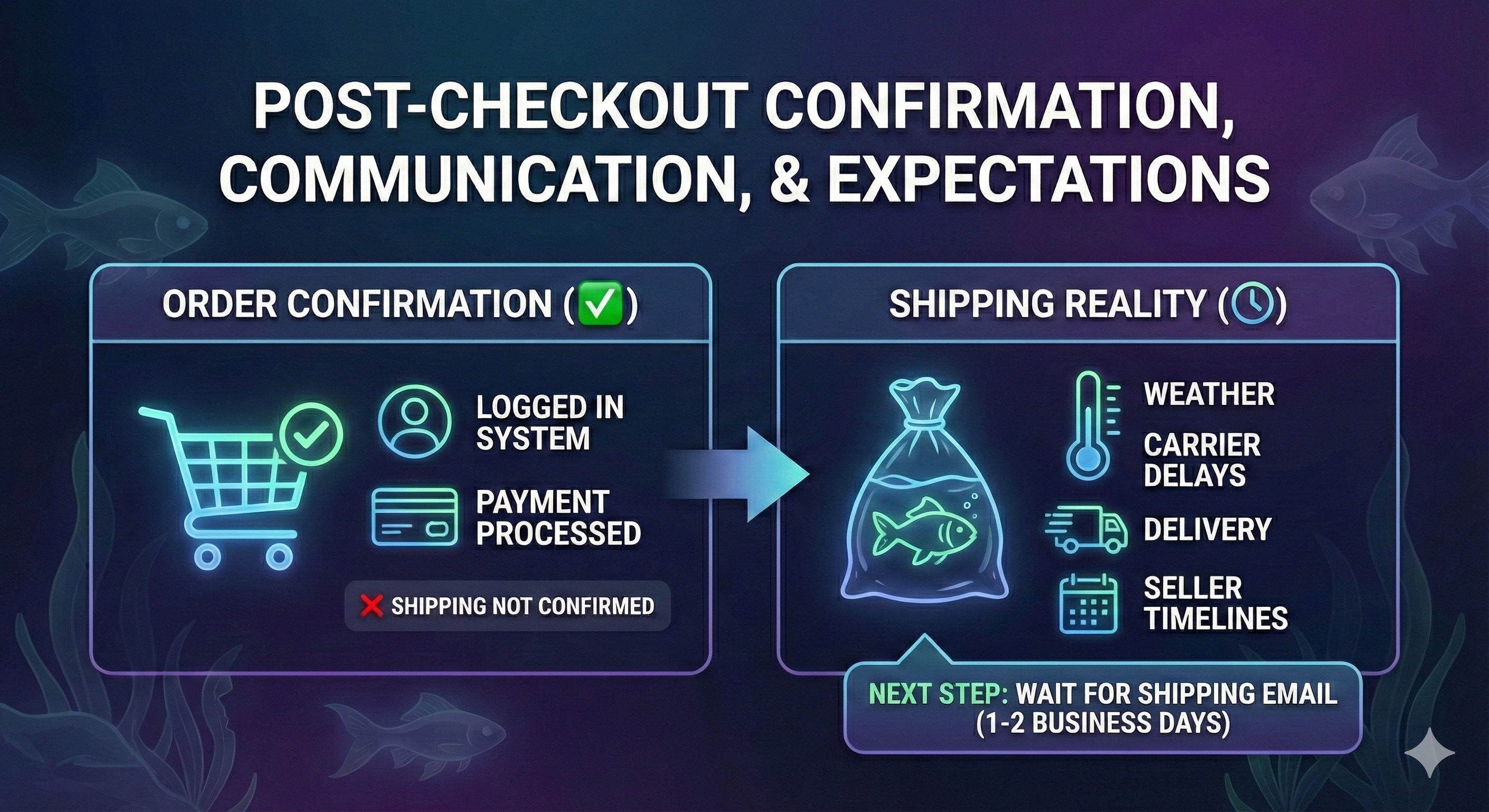 Order confirmation on a phone beside packaged live fish shipment supplies.