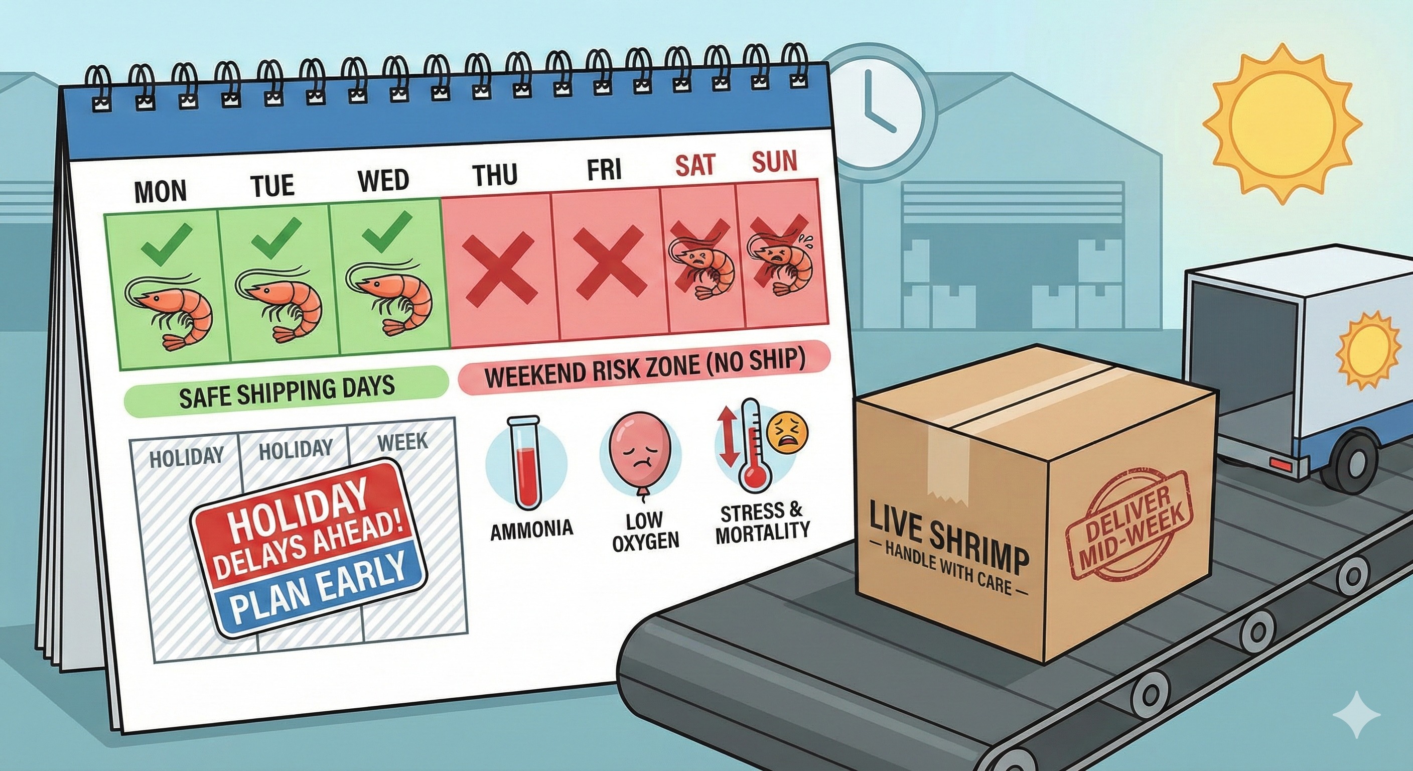 Calendar showing safe mid-week shipping days for live shrimp deliveries.