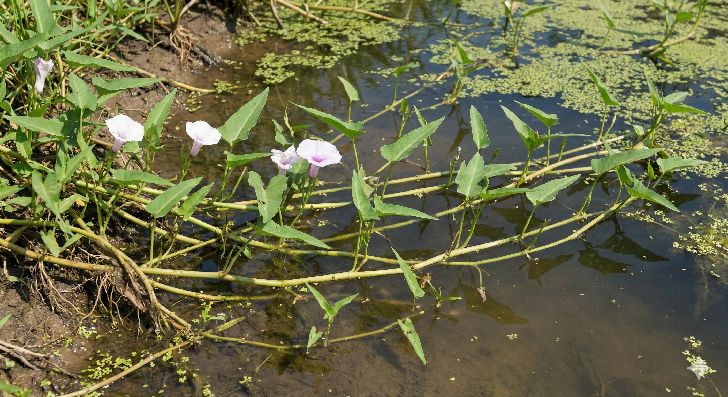 Water spinach and marginal plants absorbing nitrates in a natural ecosystem