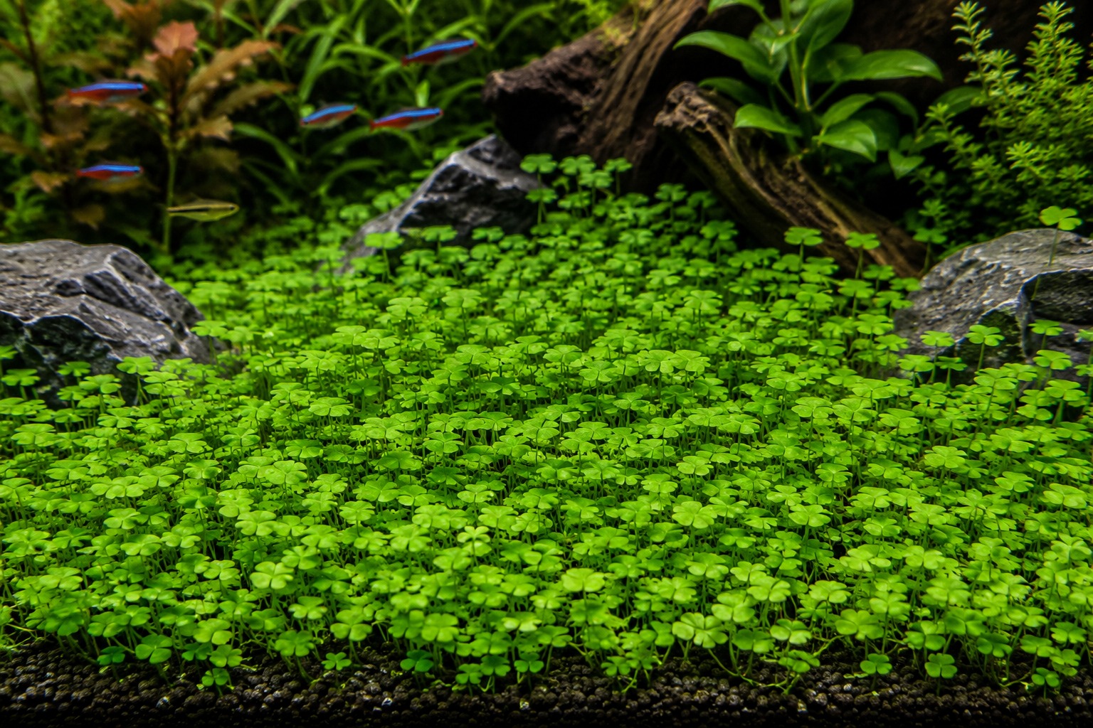 Marsilea hirsuta with clover-like leaves carpeting the aquarium foreground