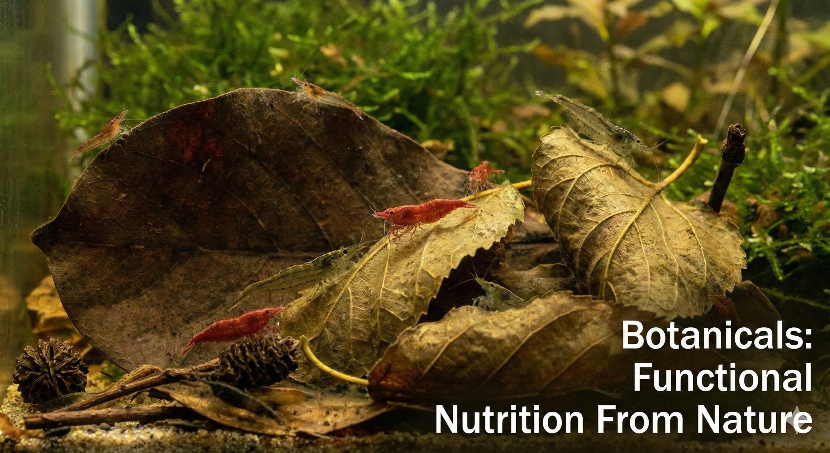 Natural dried botanicals that provide long-term grazing nutrition in shrimp tanks