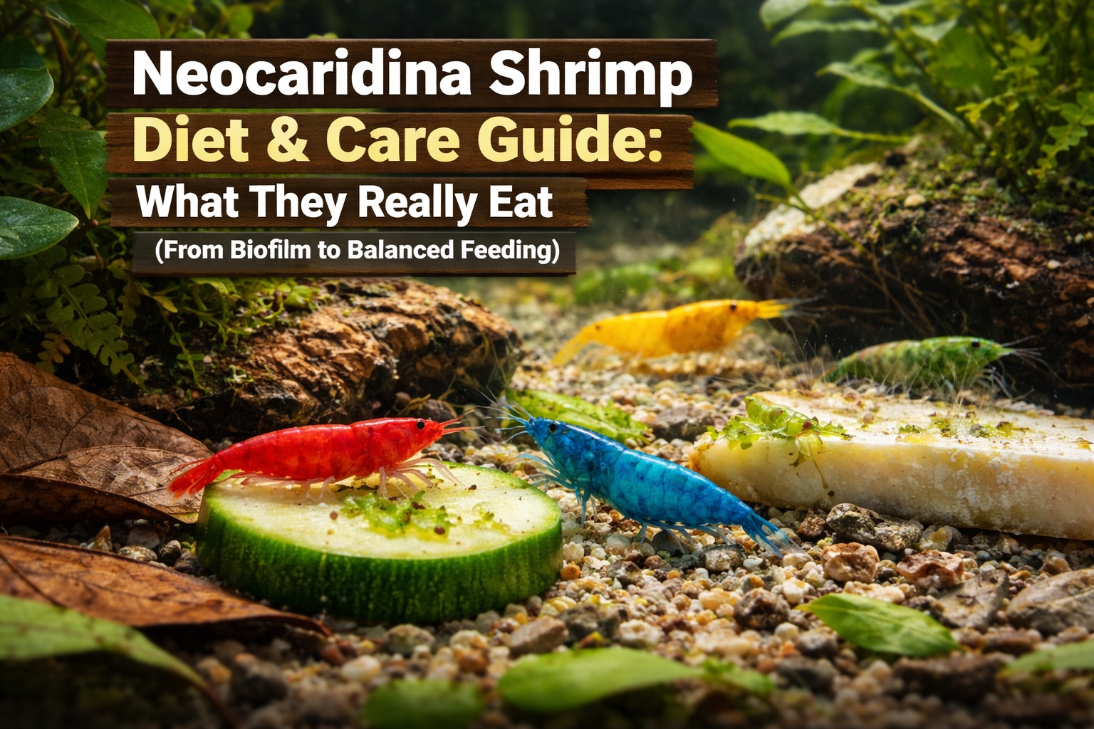 Neocaridina shrimp grazing on biofilm in a mature aquarium ecosystem