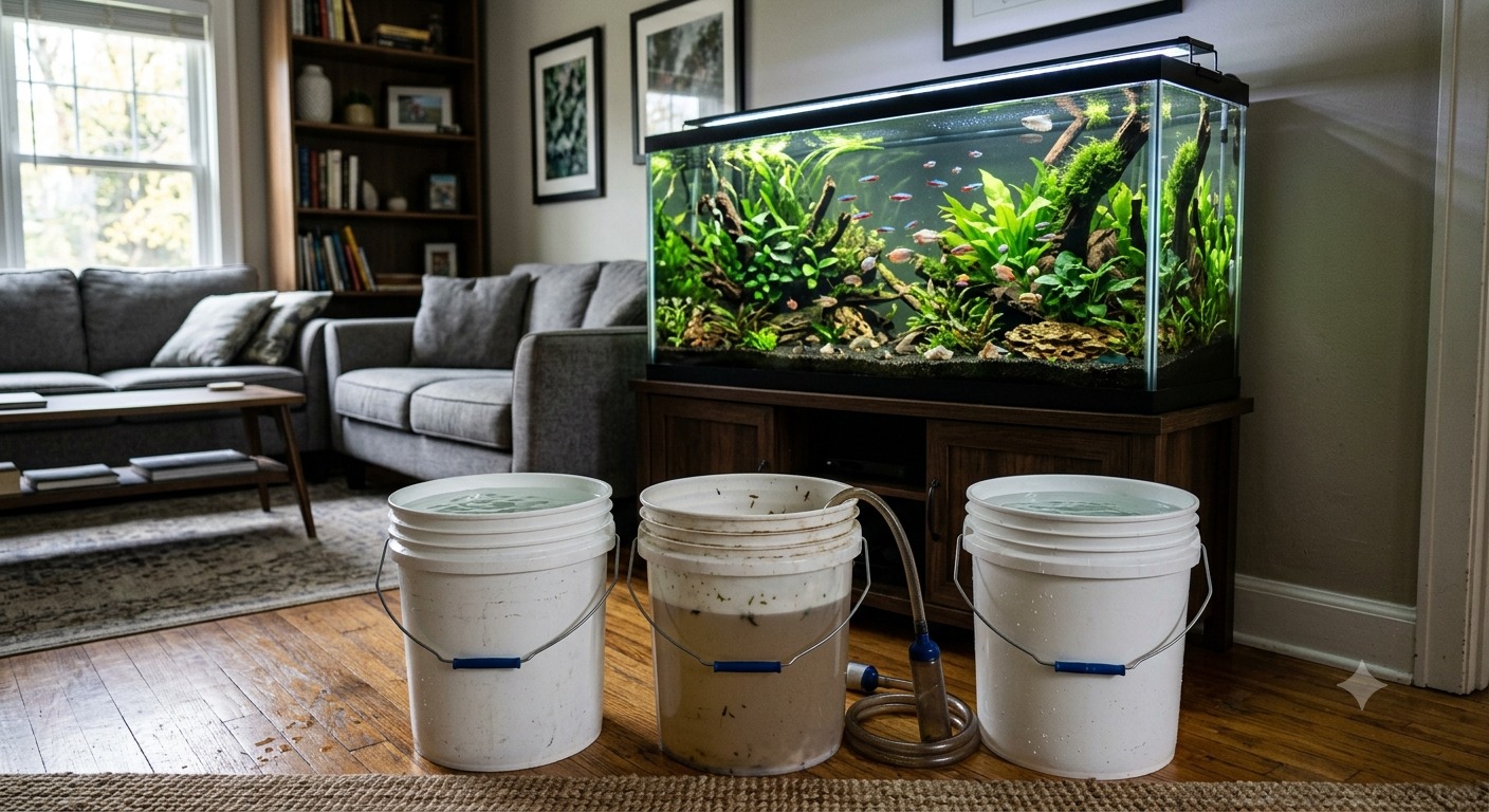 Partial aquarium water change to gradually cool an overheating fish tank