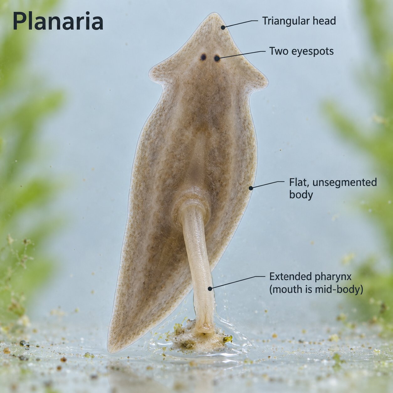 Annotated planarian viewed from below with its pharynx extended, showing the triangular head, two eyespots, and flat unsegmented body