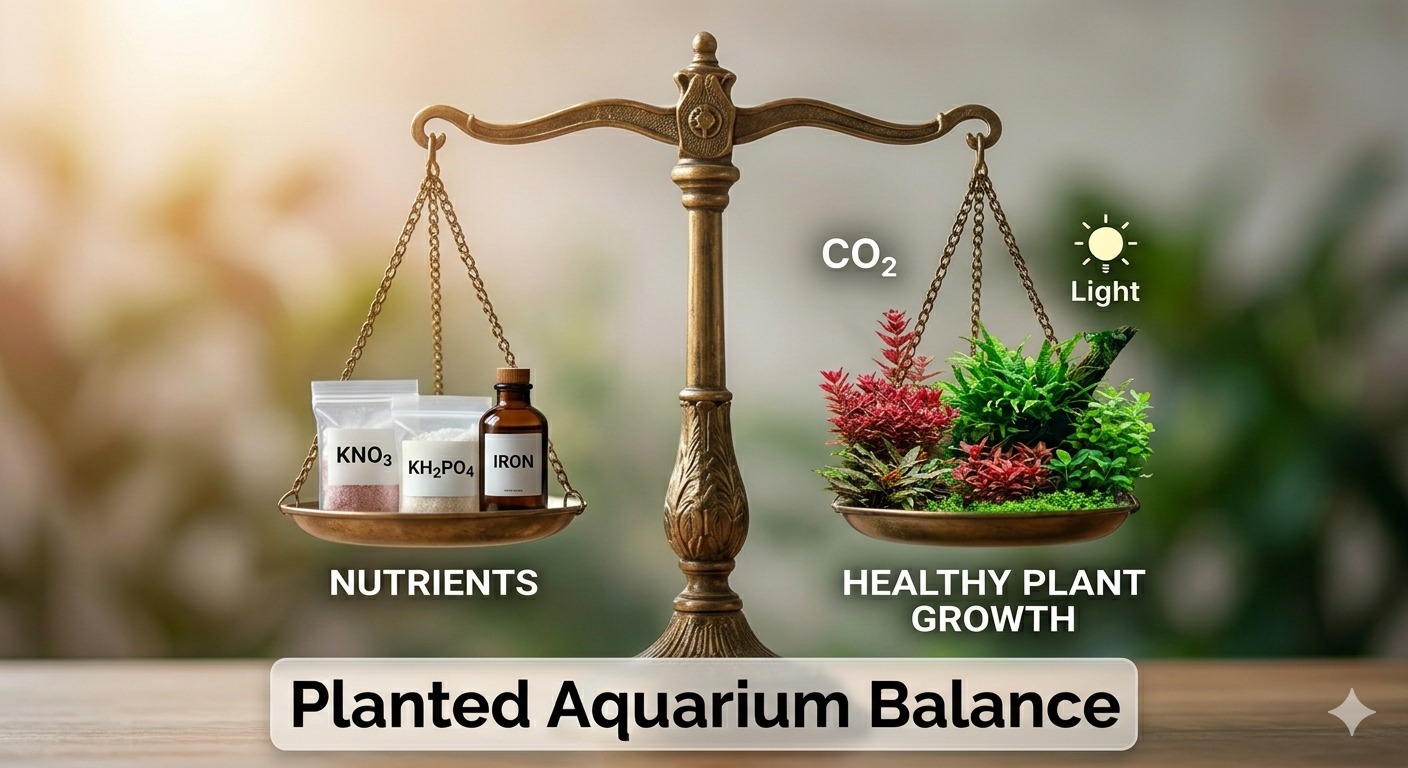 Balance scale illustration of common planted aquarium fertilizer mistakes