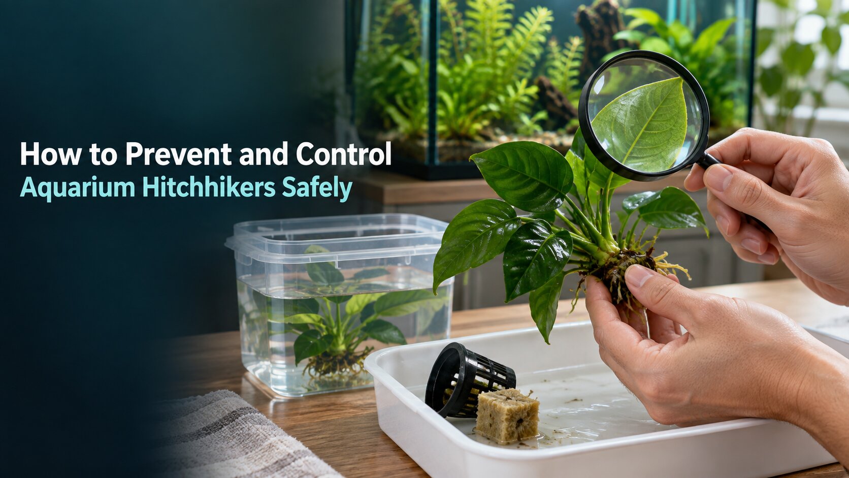 Hands inspecting a new Anubias plant with a magnifying glass over a white tray, with a lidded quarantine container nearby