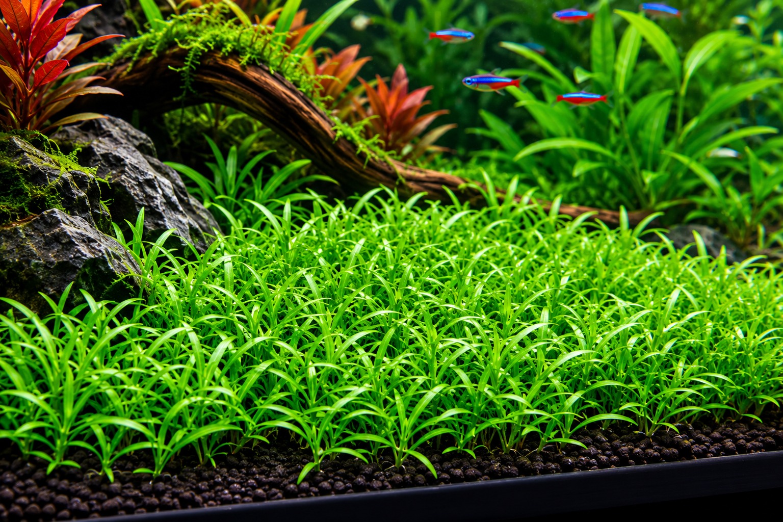 Pygmy Chain Sword spreading as foreground cover in a low-tech aquarium
