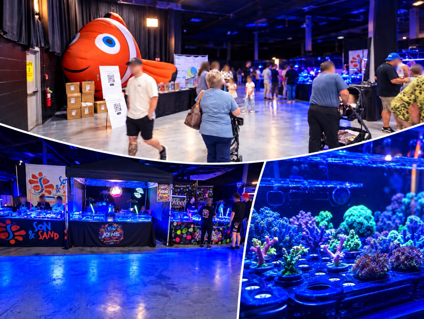 Aquashella saltwater hall with blue-lit coral vendors and reef displays