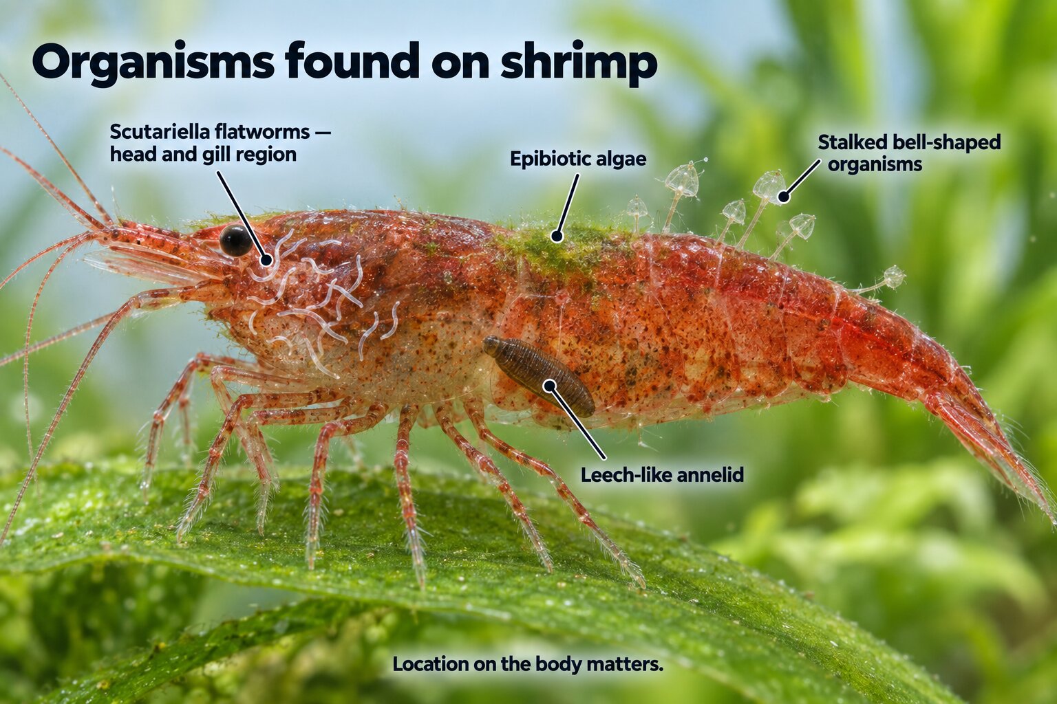 Annotated Neocaridina shrimp showing Scutariella flatworms near the head and gills, a leech-like annelid on the body, and stalked bell-shaped organisms