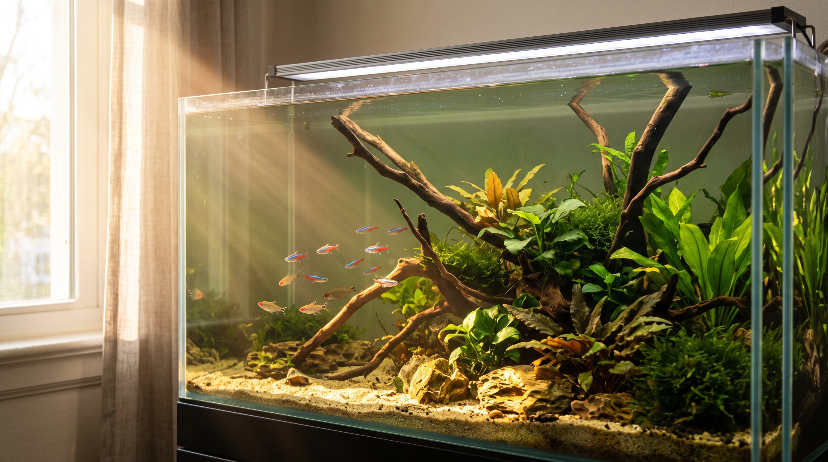 Sunlight through a window triggering green aquarium water