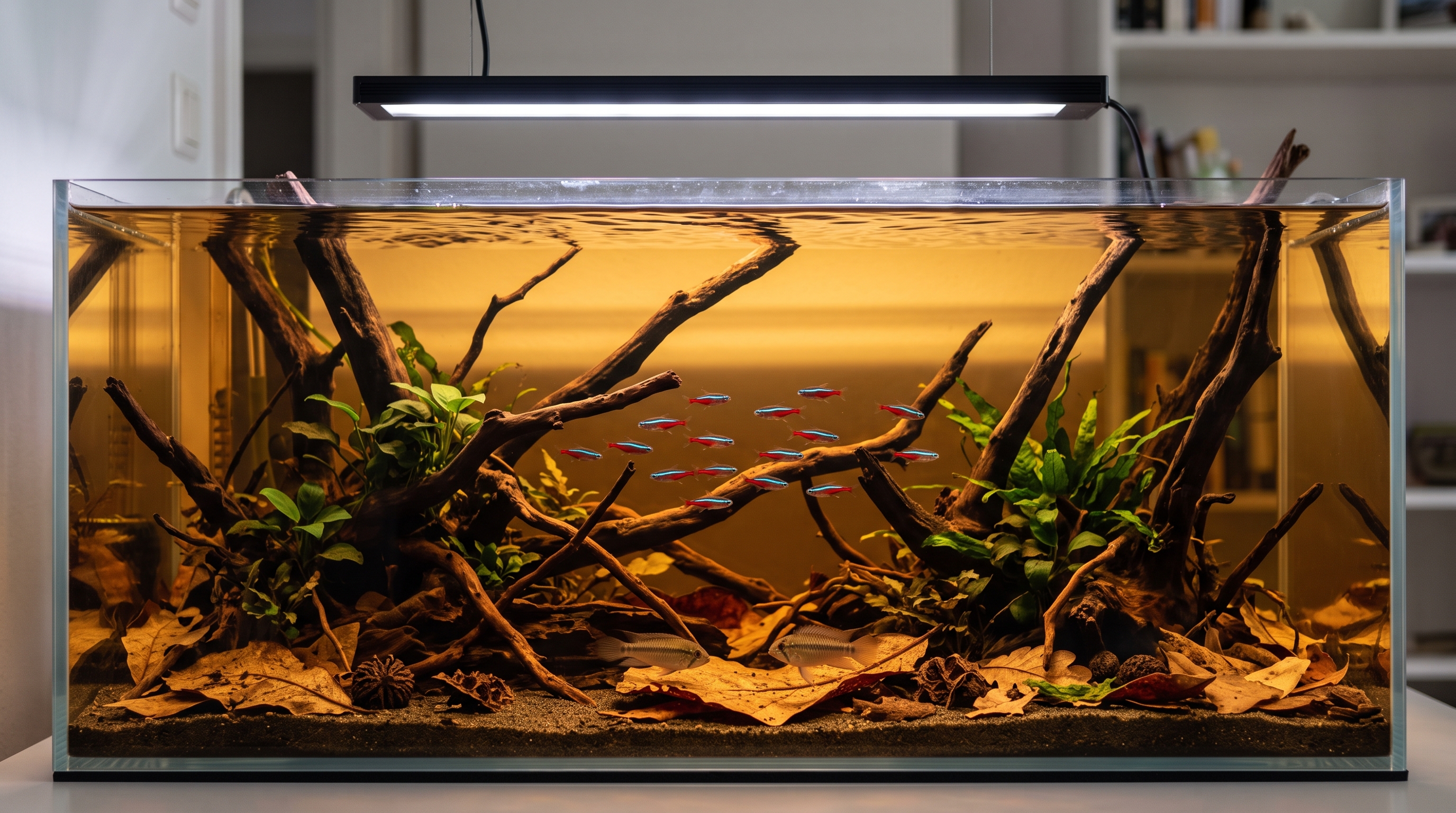 Tannin-stained blackwater aquarium