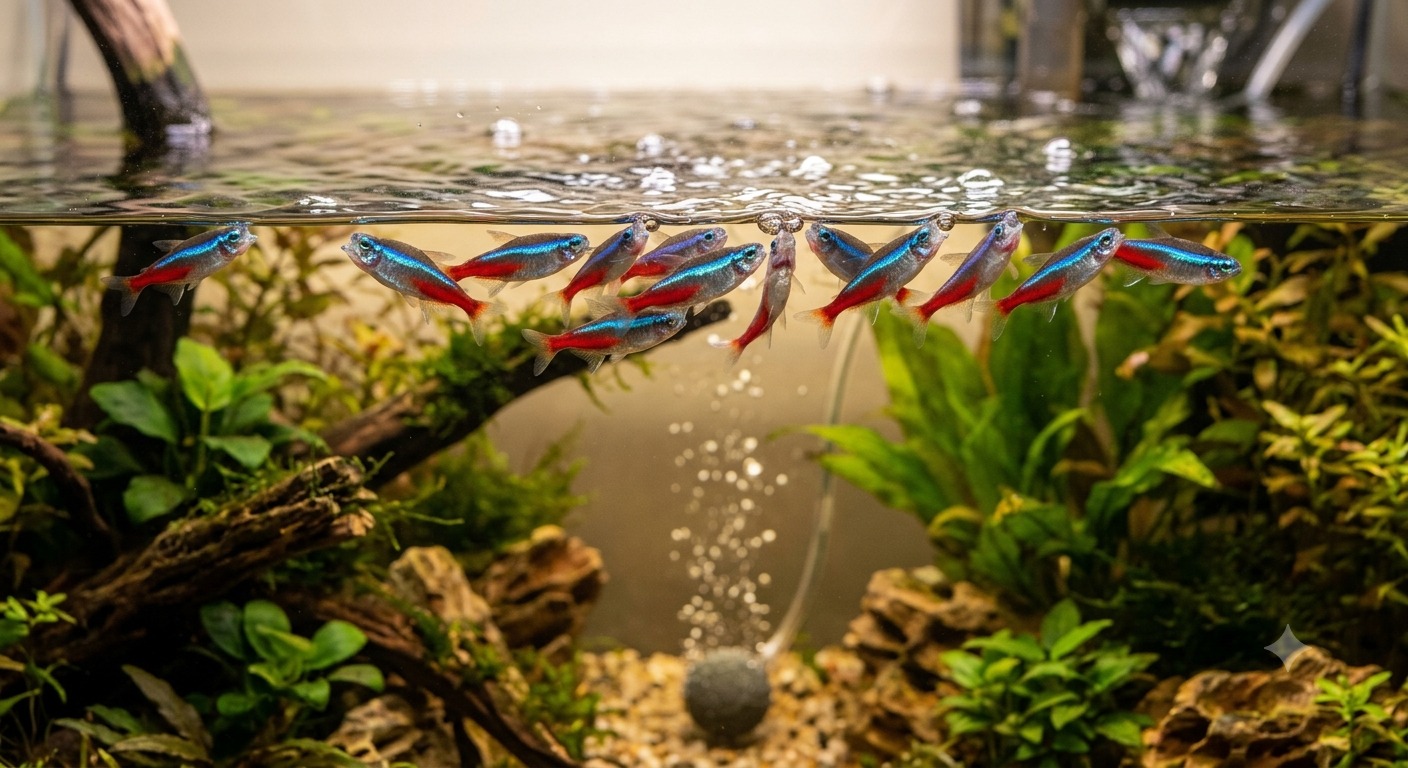 Aquarium fish showing visible signs of heat stress in warm water