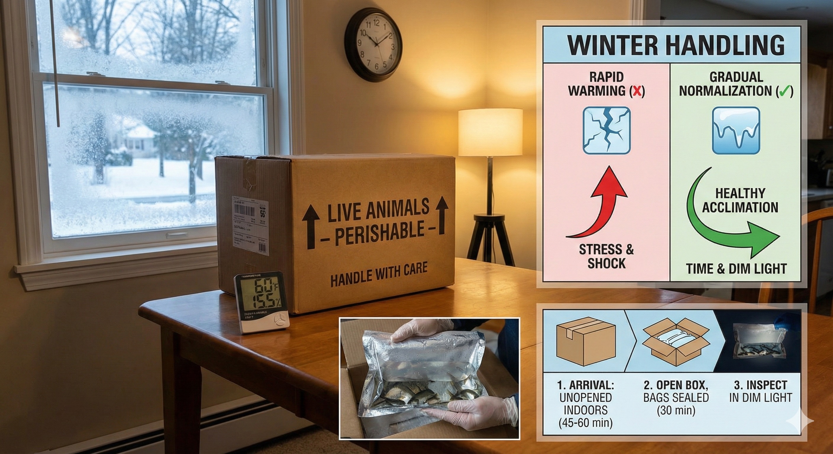 Winter handling of live fish shipping with temperature normalization.