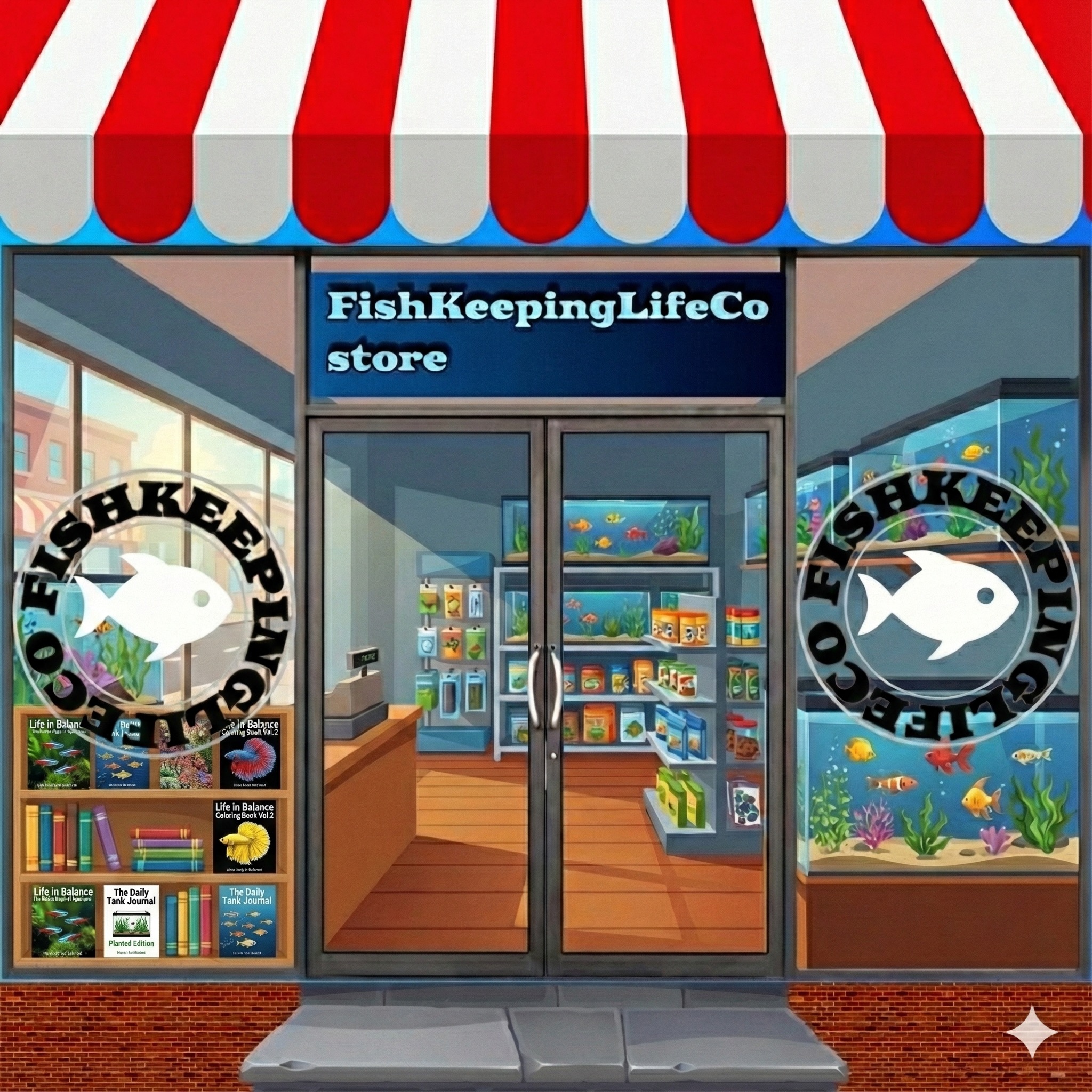 FishKeepingLifeCo storefront card featuring educational aquarium books and journals