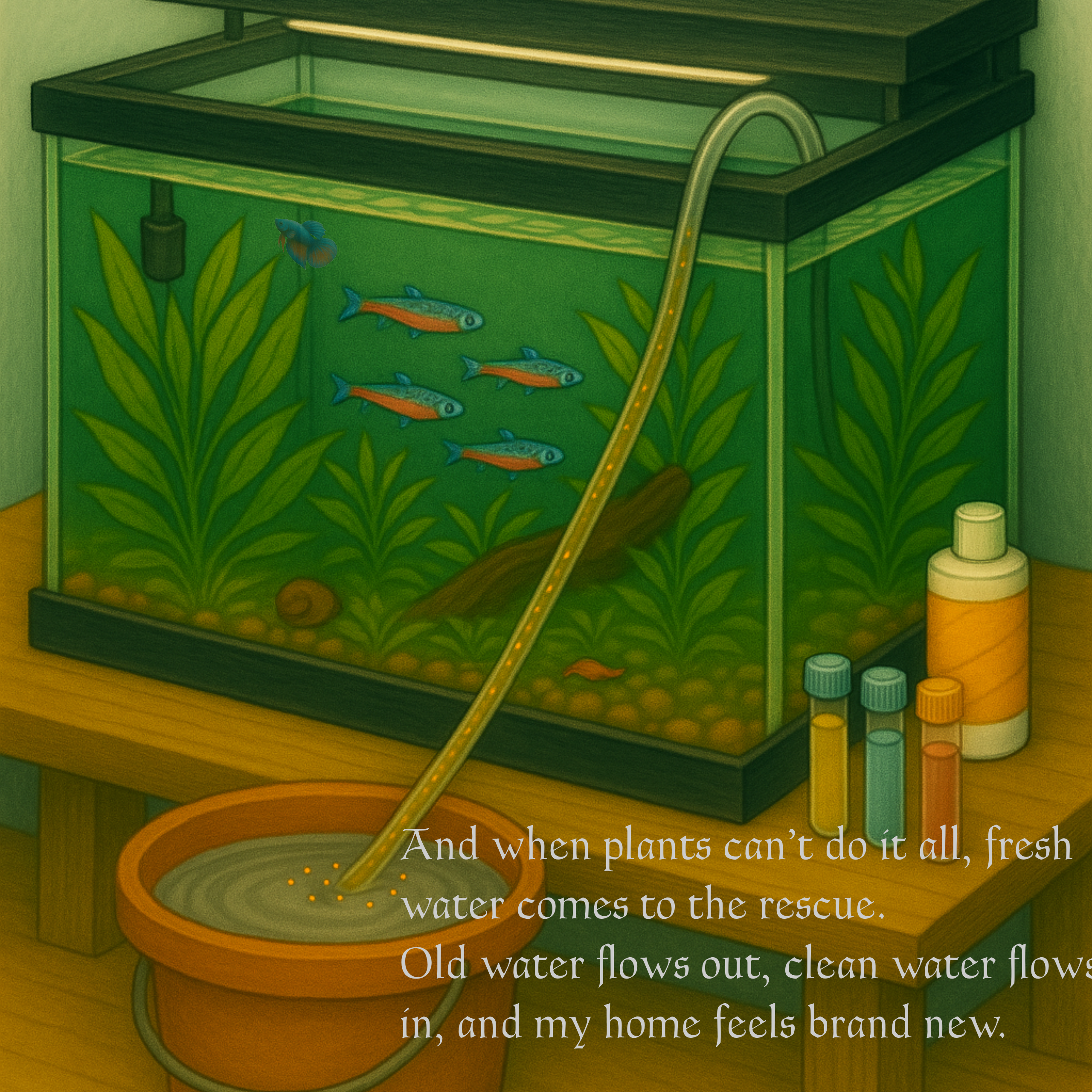 Aquarium water change with siphon and test vials